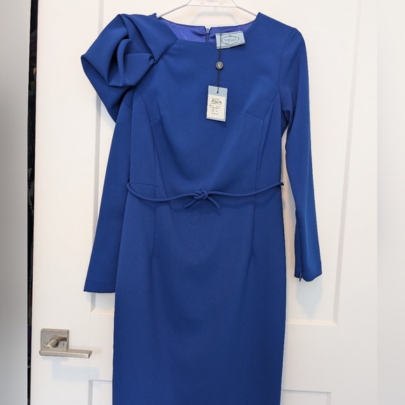 NWT Vipart Blue Belted Pencil Slim Fit Cocktail Dress Knee Length Zipper Sleeves - Picture 7 of 9